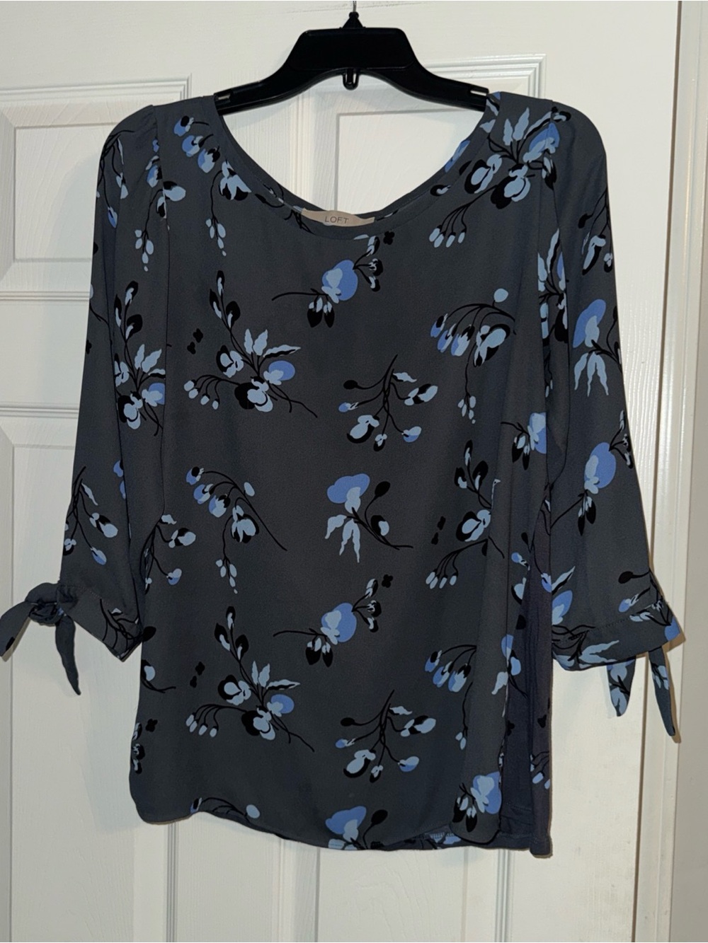 LOFT Charcoal Gray Blouse with Blue Floral Print and Tie Cuffs
